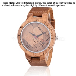 Zebrano Wood Wristwatches, Men Electronic Watch, with Leather Watchbands and Alloy Findings, Saddle Brown, 260x23x2mm, Watch Head: 56x48x12mm, Watch Face: 37mm(WACH-H036-20)
