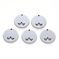 Non-Tarnish 201 Stainless Steel Charms, Laser Cut, Flat Round with Crown, Stainless Steel Color, 14x1mm, Hole: 1mm(STAS-N092-11)