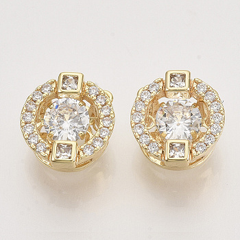Brass Micro Pave Clear Cubic Zirconia Charms, Nickel Free, Flat Round, Real 18K Gold Plated, 10.5x6.5mm, Hole: 0.8mm