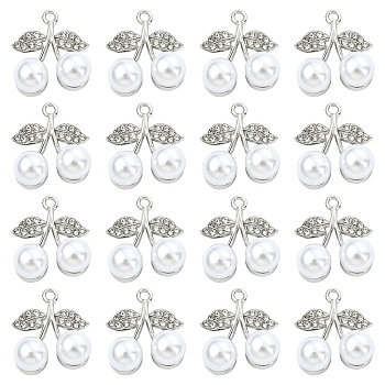 10Pcs Alloy Rhinestone Pendants, with ABS Plastic Pearl, UV Plated, Cherry, Platinum, 20.5x17.5x9mm, Hole: 1.8mm