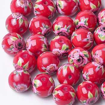Printed & Spray Painted Glass Beads, Round with Flower Pattern, Red, 10~10.5x9.5mm, Hole: 1.6mm