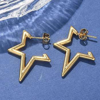 304 Stainless Steel Stud Earrings, Ion Plating(IP), Star, Real 18K Gold Plated, 32.5x26x2.5mm