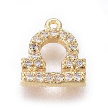 Golden Plated Brass Micro Pave Cubic Zirconia Charms, Twelve Constellations, Libra, 9x8x1.7mm, Hole: 0.8mm