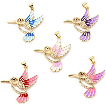 Elite 5Pcs Brass Micro Pave Clear Cubic Zirconia Pendants, with Enamel, Long-Lasting Plated, Real 18K Gold Plated, Bird, Mixed Color, 33.5x31x2mm, Hole: 3x4mm