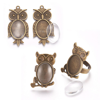 Vintage Adjustable Iron Owl Finger Ring Settings and Alloy Cabochon Bezel Settings, Owl Alloy Big Pendant Cabochon Settings and Clear Oval Glass Cabochons, Antique Bronze, Pendant: 56x27.5x3mm, Hole: 3mm, Ring: 17x5mm, Cabochon: 18x13x4mm and 25x18x5mm, 4pcs/set