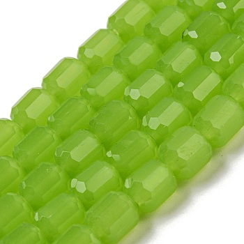 Imitation Jade Glass Bead Strands, Faceted Barrel, Olive Drab, 6.5~7x6mm, Hole: 1mm, about 78pcs/strand, 19.88~21.85 inch(50.5~55.5cm)