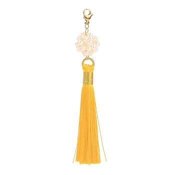 Polyester Tassel Big Pendants, with Natural Pearl Woven Beads and Golden Plated 304 Stainless Steel Lobster Claw Clasps, Gold, 118mm