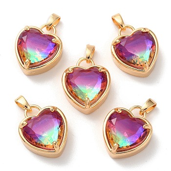 K9 Glass Pendants, with Golden Tone Brass Findings, Faceted, Heart Charms, Fuchsia, 18x15x7.7mm, Hole: 5x3mm