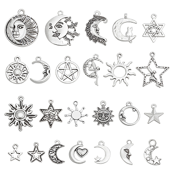 96Pcs 24 Style Tibetan Style Alloy Pendants, Mixed Shapes, Antique Silver, 14~29x11.5~26x1.5~4mm, Hole: 1.5~2.5mm, 4pcs/style