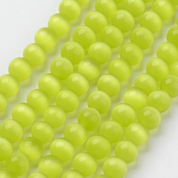 Cat Eye Beads, Round, Yellow Green, 8mm, Hole: 1mm, about 15.5 inch/strand, about 49pcs/strand