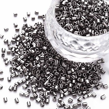 Glass Bugle Beads, Metallic Colours, Gray, 2.5~3x2mm, Hole: 0.9mm, about 15000pcs/pound