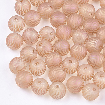 Electroplate Glass Beads, Frosted, Round with Wave Pattern, Dark Salmon, 8~8.5mm, Hole: 1.5mm