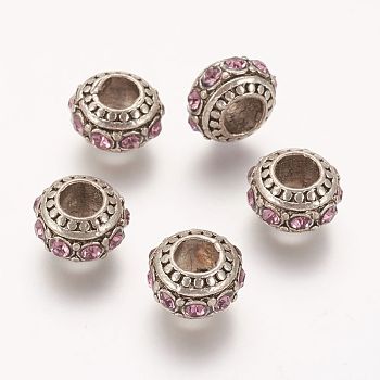 Alloy Rhinestone European Beads, Large Hole Beads, Rondelle, Antique Silver, Light Amethyst, 13x7mm, Hole: 5mm