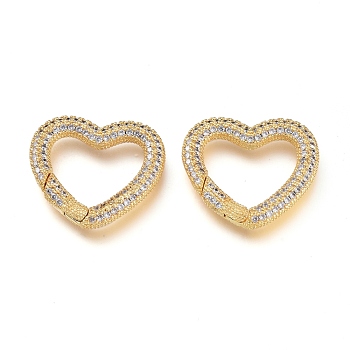 Brass Micro Pave Cubic Zirconia Spring Gate Rings, Heart, Golden, Clear, 20.5x22.5x3mm, Inner diameter: 11.5x11.5mm