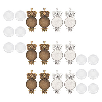 DIY DIY Blank Pendant Making Kit, Including Owl Tibetan Style Alloy Pendant Cabochon Settings, Oval Glass Cabochons, Antique Bronze & Antique Silver, 24Pcs/box