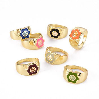 Alloy Enamel Wide Band Rings, Cadmium Free & Lead Free, Light Gold, Flower, Mixed Color, US Size 7 1/2(17.7mm)