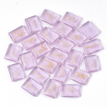 Glass Cabochons, Divination Stone, Rectangle with Runes/Futhark/Futhorc, Pearl Pink, 20x15x5.5mm, 25pcs/set