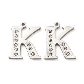 304 Stainless Steel Pendants, with Rhinestone, Letter E, Letter E, 18x14.5x1.5mm, Hole: 1.2mm