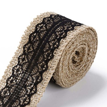 Burlap Ribbon, Hessian Ribbon, Jute Ribbon, with Lace, for Jewelry Making, Black, 1-1/2 inch(38mm), about 2m/roll