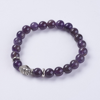 Natural Amethyst Beads Stretch Bracelets, with Alloy Finding, Buddha's Head, 2-1/8 inch(55mm)