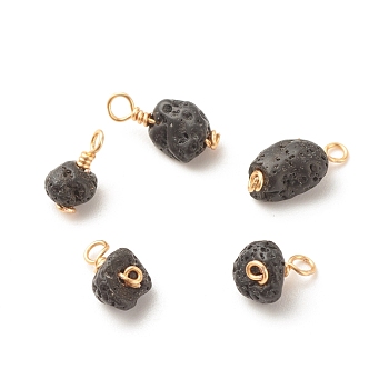 Luster Natural Lava Rock Charms, with Golden Tone Brass Wire Wrapped, Nuggets, 10~14x6~7x5~6mm, Hole: 1.5~2.3mm