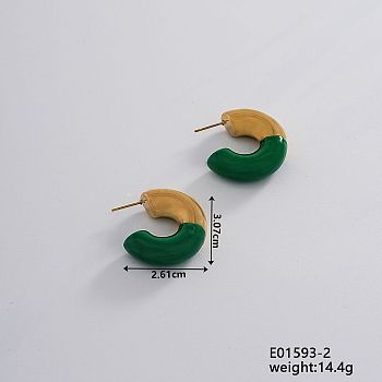 Vintage Retro Stainless Steel C-Shaped Stud Earrings for Women, Elegant and Stylish, Golden, Green, 30.7x26.1mm