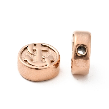 Ion Plating(IP)  304 Stainless Steel Beads, Flat Round with Anchor Pattern, Rose Gold, 10.5x4.5mm, Hole: 1.6mm