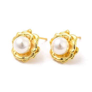 ABS Imitation Pearl Beaded Flower Stud Earrings, Brass Jewelry for Wome, Cadmium Free & Lead Free, Real 18K Gold Plated, 15mm, Pin: 0.9mm