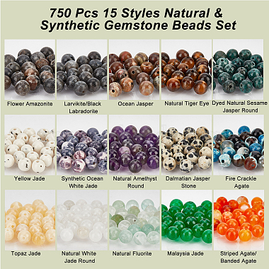 Набор бусин nbeads 750шт. 15 стилей из натуральных и синтетических драгоценных камней(G-NB0003-86)-4