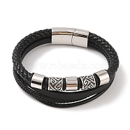 Braided Microfiber Leather Multi-strand Bracelets, 304 Stainless Steel Column Bracelets for Men, Black, 8-5/8 inch(22cm)(BJEW-B096-07C)