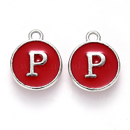 Platinum Plated Alloy Enamel Charms, Cadmium Free & Lead Free, Enamelled Sequins, Flat Round with Letter, Red, Letter.P, 14x12x2mm, Hole: 1.5mm(ENAM-S118-03P-P)