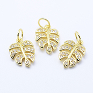 Brass Micro Pave Cubic Zirconia Charms, Tropical Leaf Charms, Monstera Leaf, Lead Free & Nickel Free & Cadmium Free, Golden, 14x9.5x2mm, Hole: 3mm(X-KK-P133-04G-NR)