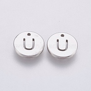 304 Stainless Steel Charms,  Flat Round with Letter, Stainless Steel Color, Letter.U, 10x1mm, Hole: 1mm(STAS-P225-104P-12)