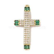 Rack Plating Brass Micro Pave Cubic Zirconia Pendants, Long-Lasting Plated, Lead Free & Cadmium Free, Real 18K Gold Plated, Cross, Green, 37x20.5x3mm, Hole: 1mm(KK-A224-16G-04)