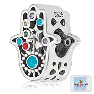 1Pc 925 Sterling Silver European Beads, Large Hole Beads, with Cubic Zirconia and Enamel, Hamsa Hand with Evil Eye, Antique Silver, 12.5x9x8.5mm, Hole: 4.5mm(FIND-BBC0002-92)