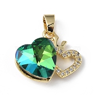 Real 18K Gold Plated Rack Plating Brass Micro Pave Clear Cubic Zirconia Pendants, with Glass, Long-Lasting Plated, Cadmium Free & Lead Free, Heart Charm, Sea Green, 16x19.5x8mm, Hole: 5x3.2mm(KK-C015-18G-16)