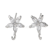 Brass Micro Pave Cubic Zirconia Studs Earring Findings, Long-Lasting Plated, Lead Free & Cadmium Free, Flower, Platinum, 13x10mm, Hole: 1.2mm, Pin: 11.5x0.6mm(KK-K364-03P)