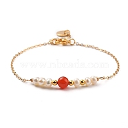 Natural Red Agate/Carnelian(Dyed & Heated) Beaded Bracelets, with Natural Pearl Beads, Brass Cable Chains & Beads & Charms, 304 Stainless Steel Lobster Claw Clasps, 7-1/4 inch~7-1/2 inch(18.5~19cm)(BJEW-JB05327-05)