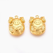 Brass Chinese Symbol Pendants, Luck Piggy with Chinese Characters, Golden, 18x14.5x5mm, Hole: 1.4mm(ZIRC-F089-07G)