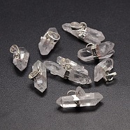 Natural Quartz Crystal Nuggets Pendants, Rock Crystal, with Plated Metal Color Brass Findings, Silver, 20~38x12~14x7~14mm, Hole: 5x8mm(G-F157-10B)