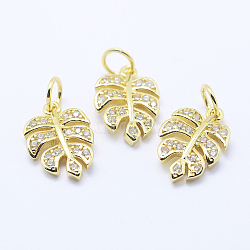 Brass Micro Pave Cubic Zirconia Charms, Tropical Leaf Charms, Monstera Leaf, Lead Free & Nickel Free & Cadmium Free, Golden, 14x9.5x2mm, Hole: 3mm(X-KK-P133-04G-NR)