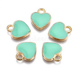 Alloy Enamel Charms, Heart, Light Gold, Aquamarine, 12x10x2mm, Hole: 2mm(X-ENAM-S121-041E)