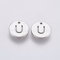 Non-Tarnish 304 Stainless Steel Charms, Flat Round with Letter, Stainless Steel Color, Letter.U, 10x1mm, Hole: 1mm(STAS-P225-104P-12)