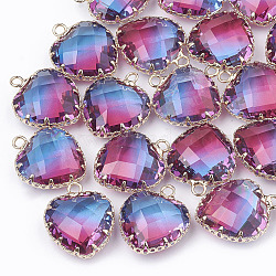 K9 Glass Pendants, Imitation Tourmaline, with Golden Tone Brass Findings, Faceted, Heart, Purple, 20x16.5x8mm, Hole: 2mm(GLAA-Q069-11D)