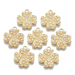 Alloy Pendants, with ABS Plastic Imitation Pearl, Clover, White, Light Gold, 20.5x18x3mm, Hole: 1.8mm(X-PALLOY-T077-19)