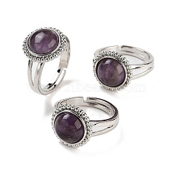 Natural Amethyst Round Adjustable Rings, Platinum Plated Brass Finger Rings for Men, Inner Diameter: 18mm(RJEW-K271-02P-01)