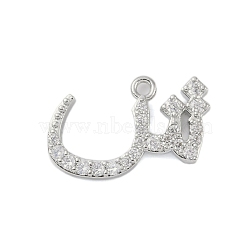 Rack Plating Brass Micro Pave Clear Cubic Zirconia Pendants, Long-Lasting Plated, Lead Free & Cadmium Free, Arabic Alphabet, Platinum, 18x11x2.2mm, Hole: 1.2mm(KK-A224-03B-P)