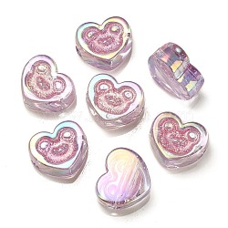 UV Plating Rainbow Iridescent Acrylic Beads, with Glitter Powder, Heart with Bear Pattern, Hot Pink, 17.5x20x9mm, Hole: 3.5mm(OACR-G012-11A)