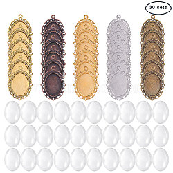 Zinc Alloy Pendant Settings for Cabochon & Rhinestone, with Transparent Oval Glass Cabochons, DIY Findings for Jewelry Making, Mixed Color, Tray: 25x18mm, 39x29x2mm, Hole: 2mm, 6pcs/color, 30pcs, Oval Glass Cabochon: 25x18x5.4mm(Range: 4.9~5.9mm), 30pcs(DIY-PH0018-91)