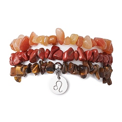 3Pcs 3 Styles Natural Red Aventurine & Red Jasper & Tiger Eye Chips Stretch Bracelets Sets, Stackbale Bracelets with 304 Stainless Steel Charms, Leo, Inner Diameter: 2-1/8 inch(5.5cm), 1Pc/style(BJEW-JB11076-07)